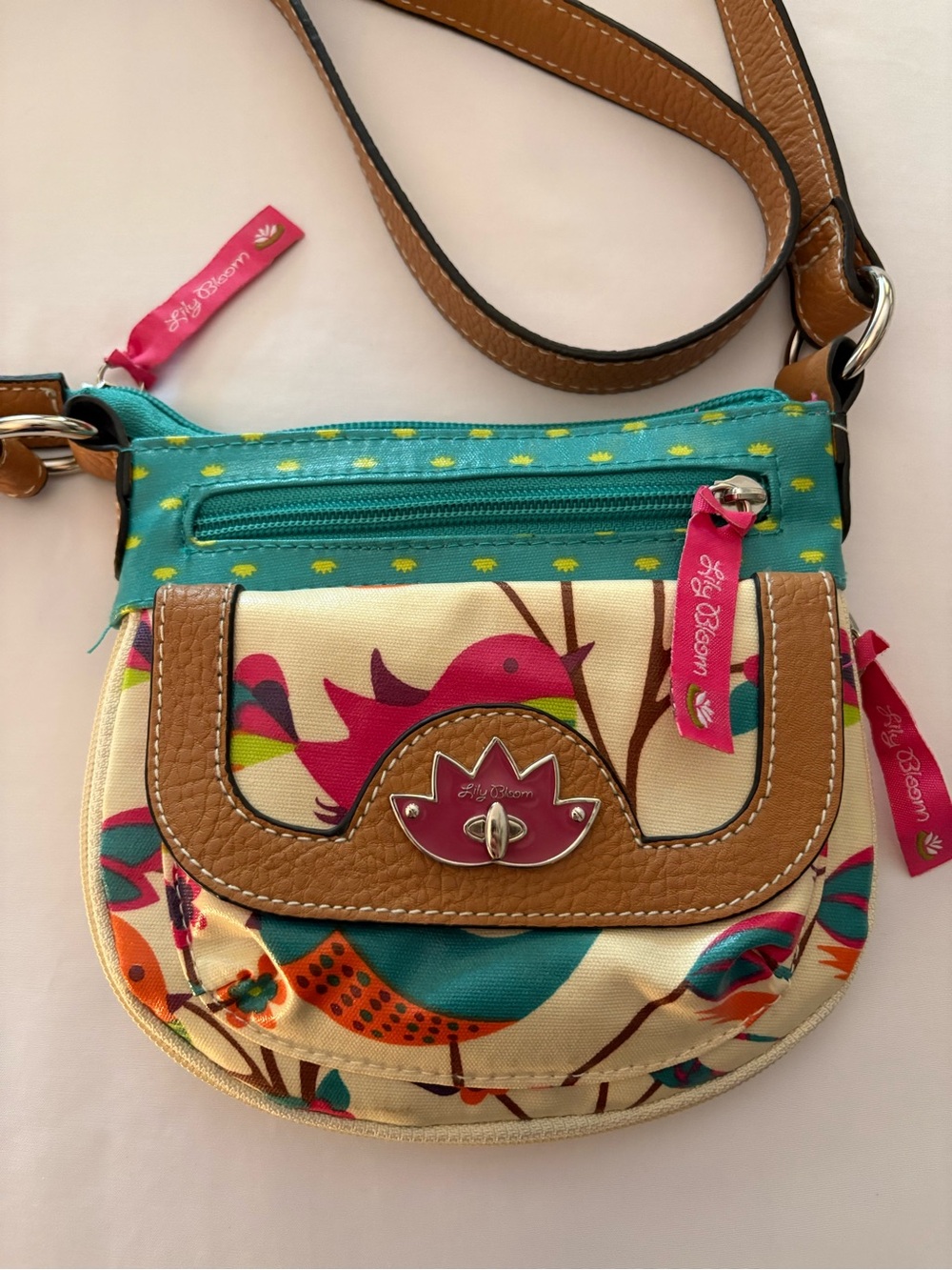 Lily Bloom Teal & Pink Bird Print Crossbody with Tan Trim